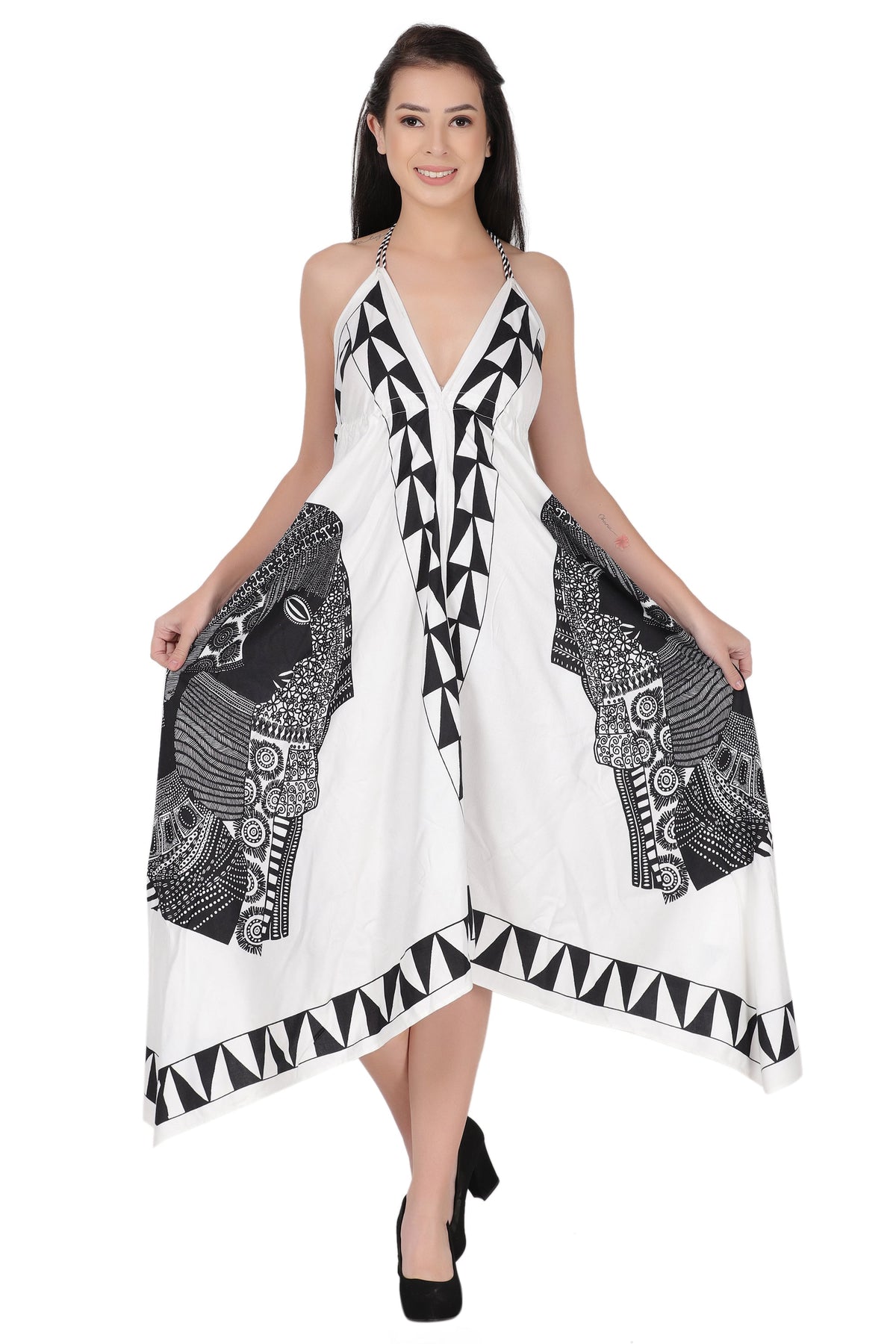 Long Geometric Print Halter Dress 1950