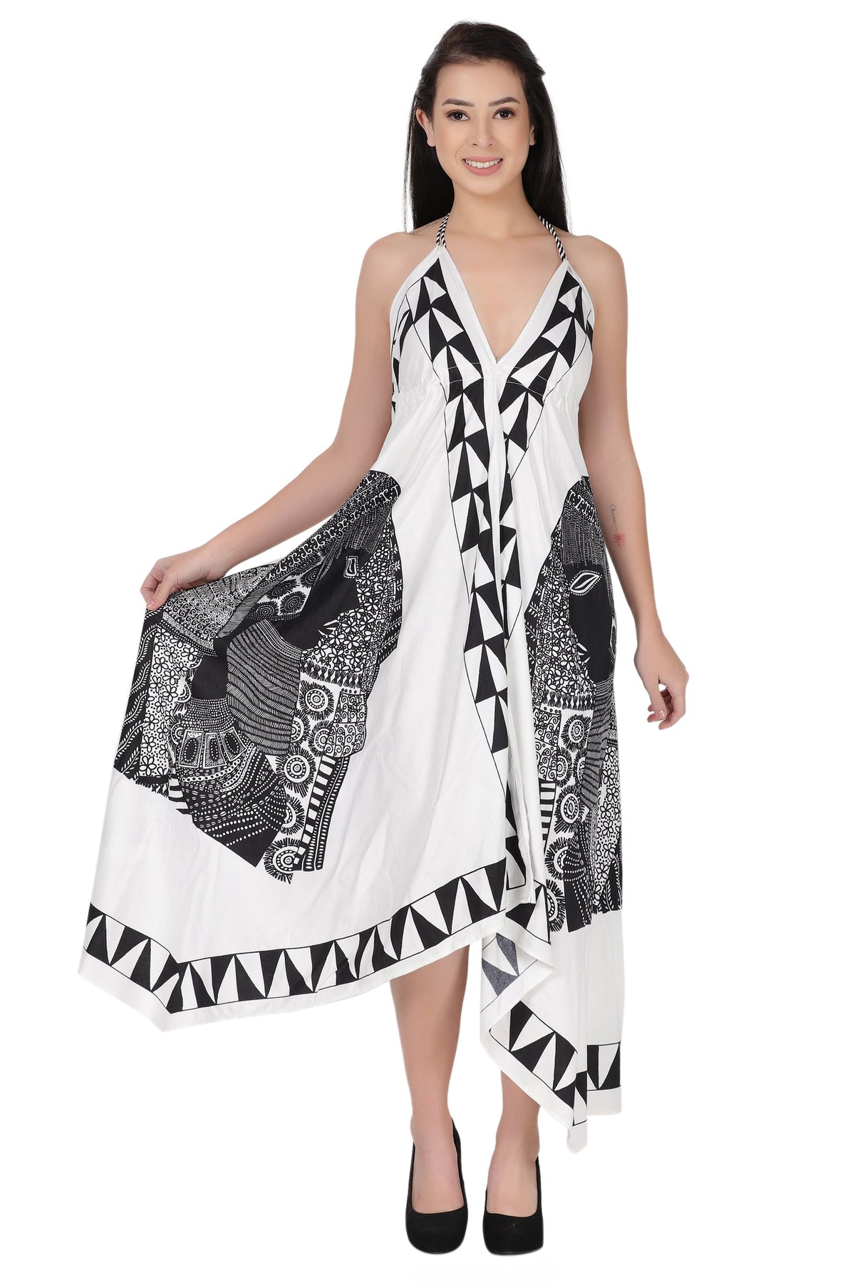 Long Geometric Print Halter Dress 1950