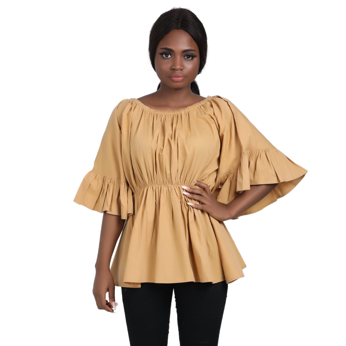 Off-Shoulder Wax Print Blouses w/ Bell Sleeves 2275