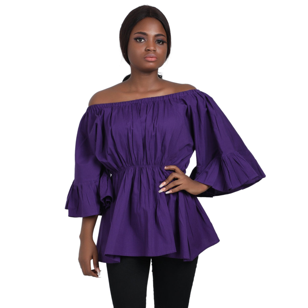 Off-Shoulder Wax Print Blouses w/ Bell Sleeves 2275
