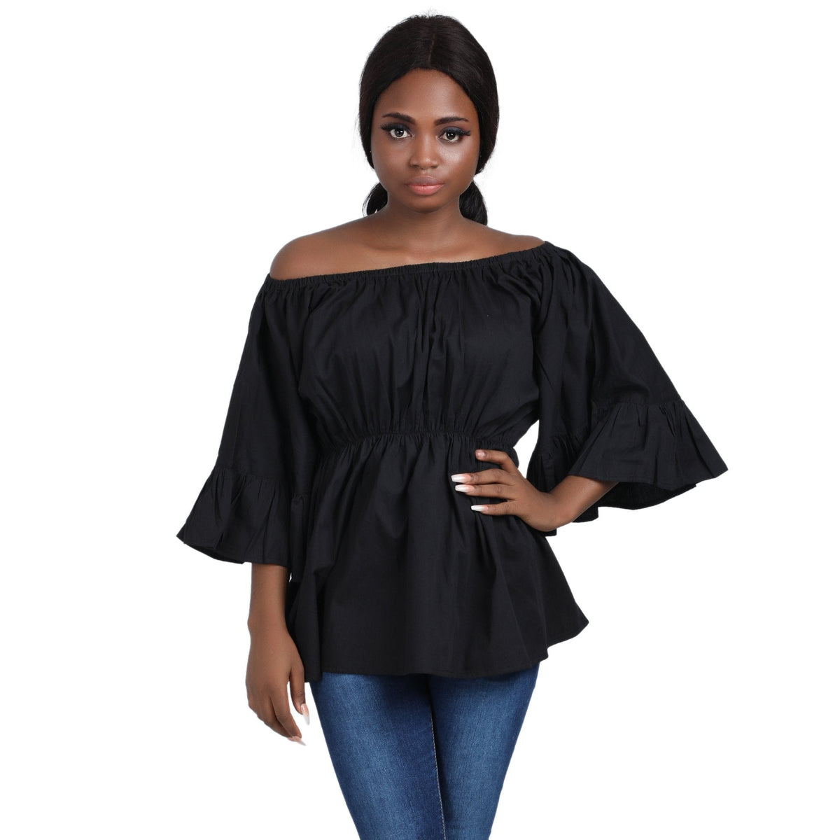 Off-Shoulder Wax Print Blouses w/ Bell Sleeves 2275