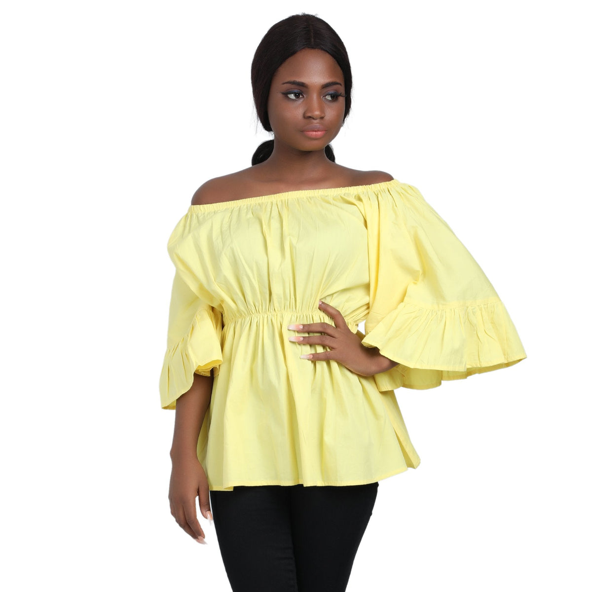 Off-Shoulder Wax Print Blouses w/ Bell Sleeves 2275