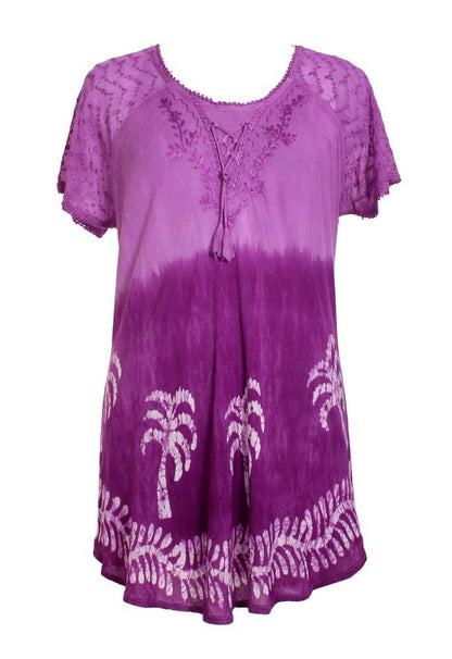 Palm Tree Print Ombre Dye Cap Sleeve Blouse 18713
