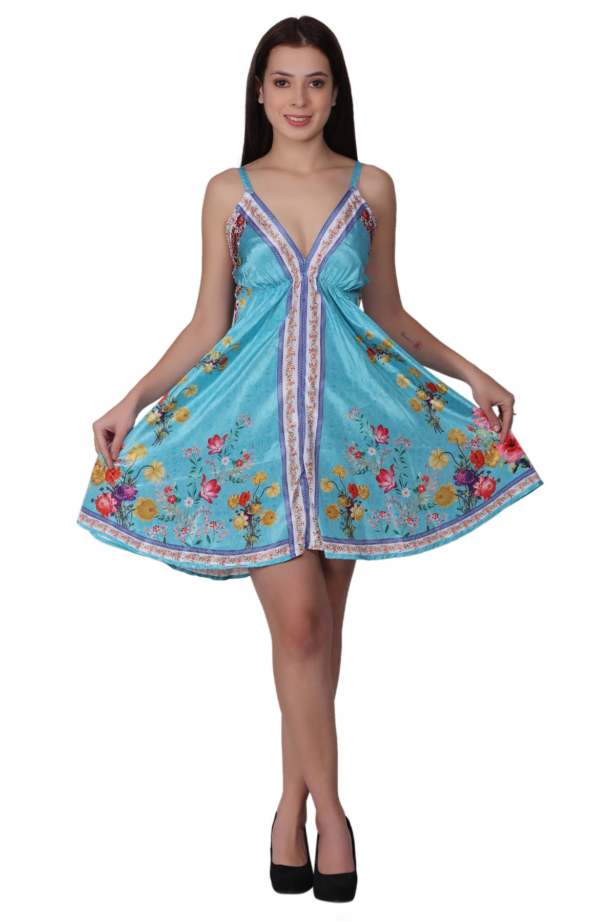 Short Silk Floral Print Spaghetti Strap Dress PD-97174
