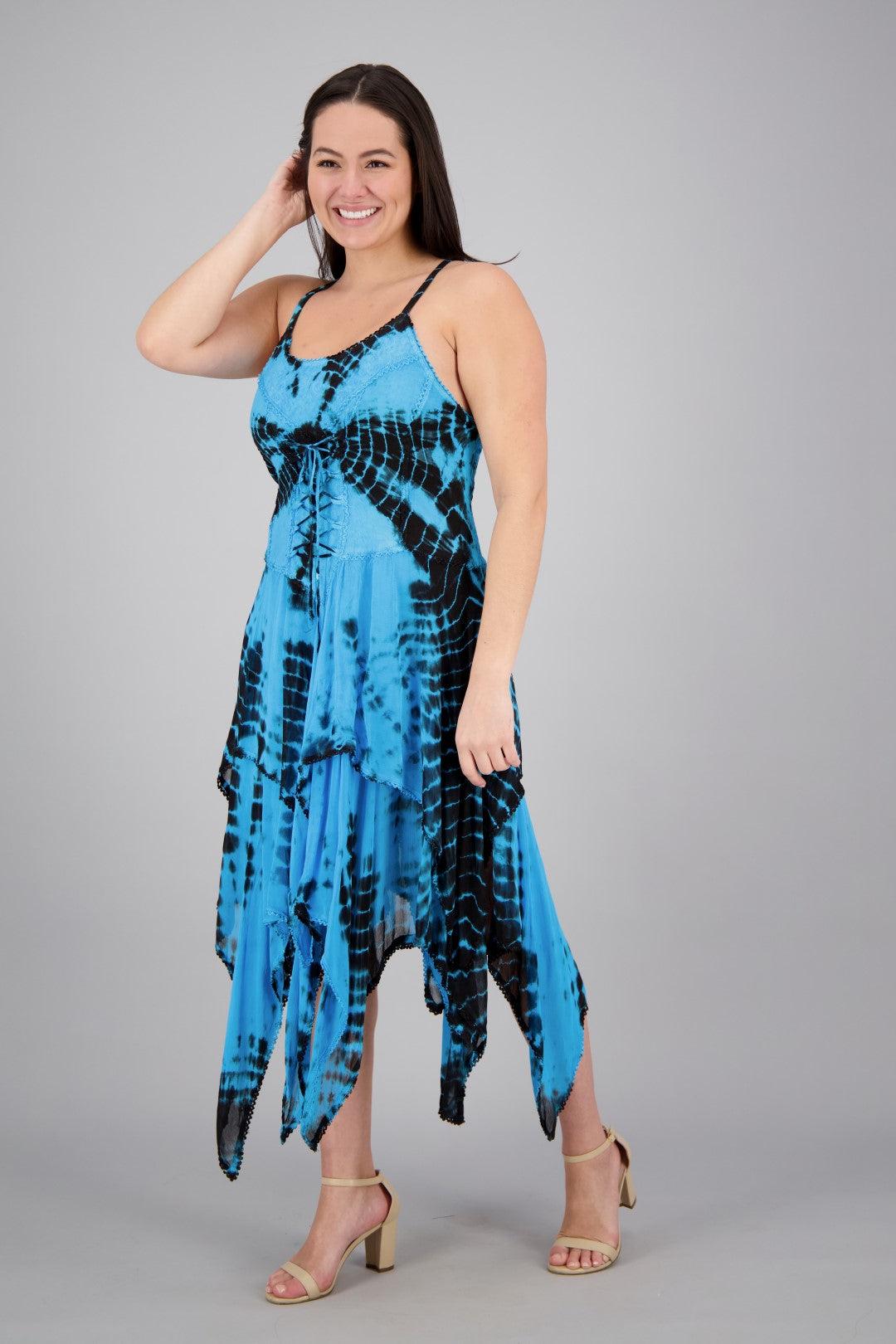 209 Women's Tie-Dye Handkerchief Hem Maxi Dress – Adjustable Strap Summer Dress
