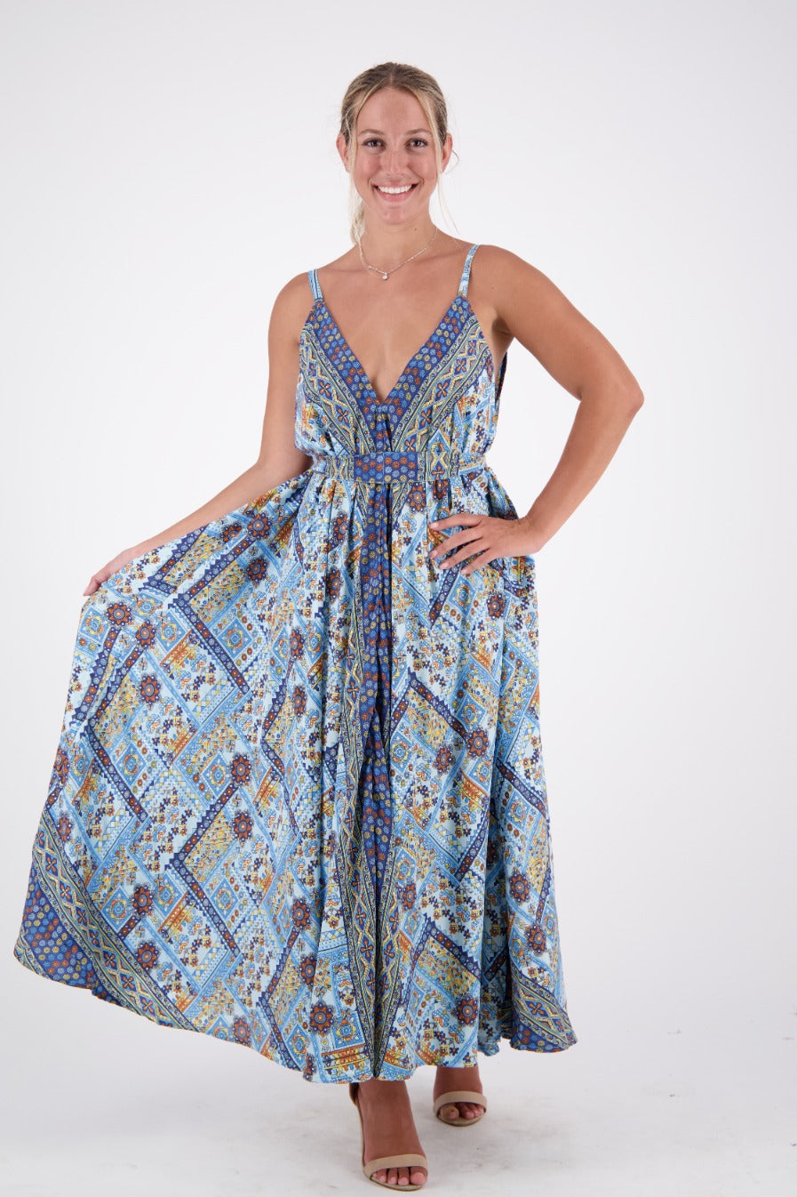 Pastel Geometric Print Silk Dress AB16078