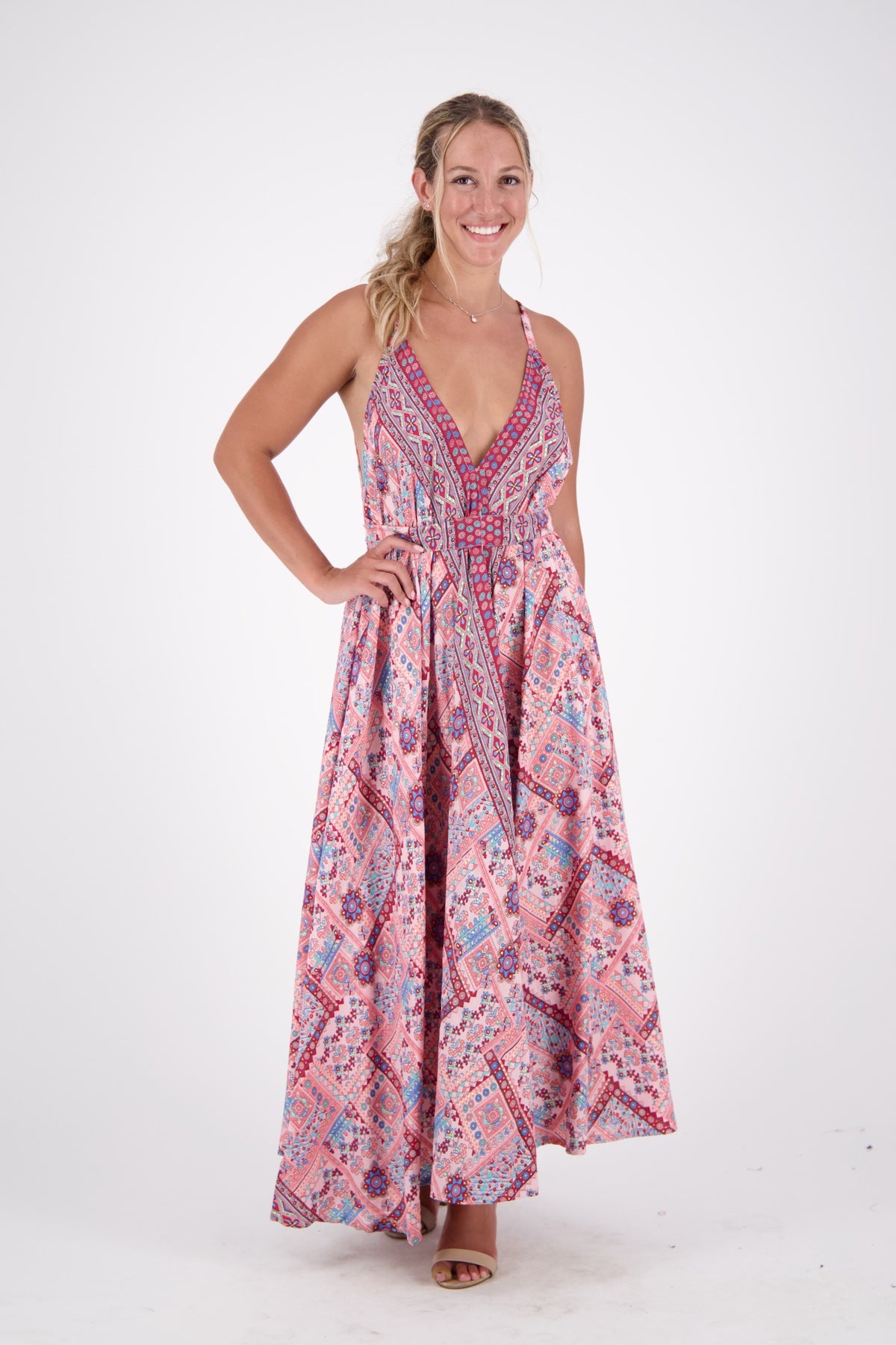 Pastel Geometric Print Silk Dress AB16078
