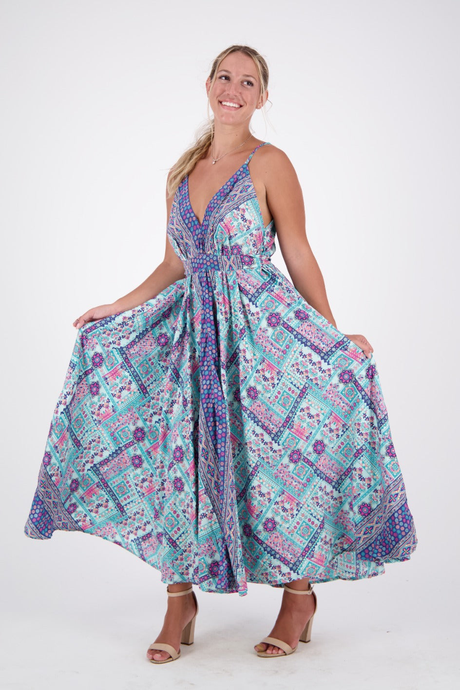 Pastel Geometric Print Silk Dress AB16078