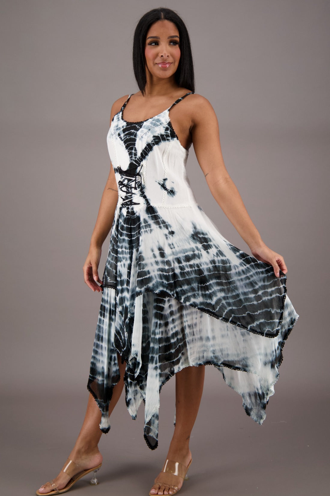209 Women's Tie-Dye Handkerchief Hem Maxi Dress – Adjustable Strap Summer Dress