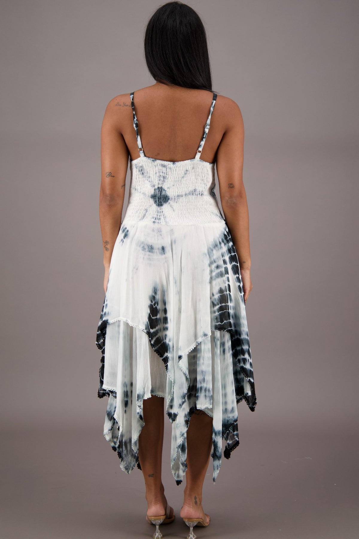 209 Women's Tie-Dye Handkerchief Hem Maxi Dress – Adjustable Strap Summer Dress