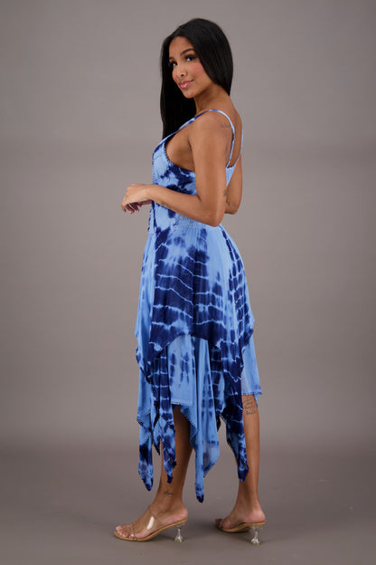 209 Women's Tie-Dye Handkerchief Hem Maxi Dress – Adjustable Strap Summer Dress