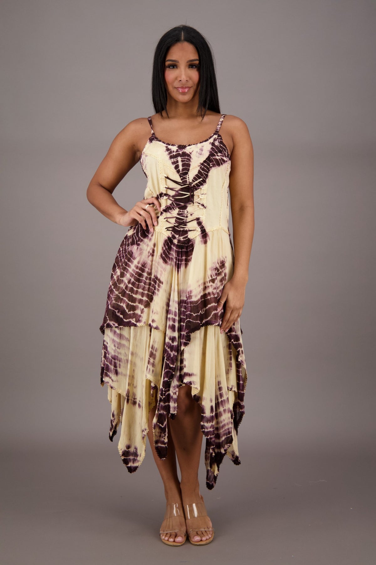 209 Women's Tie-Dye Handkerchief Hem Maxi Dress – Adjustable Strap Summer Dress