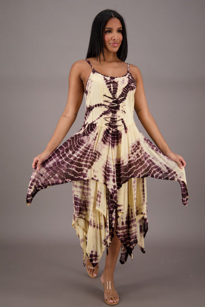 209 Women's Tie-Dye Handkerchief Hem Maxi Dress – Adjustable Strap Summer Dress