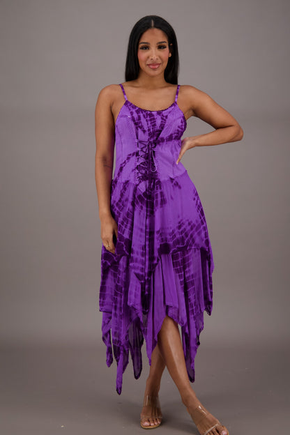 209 Women's Tie-Dye Handkerchief Hem Maxi Dress – Adjustable Strap Summer Dress