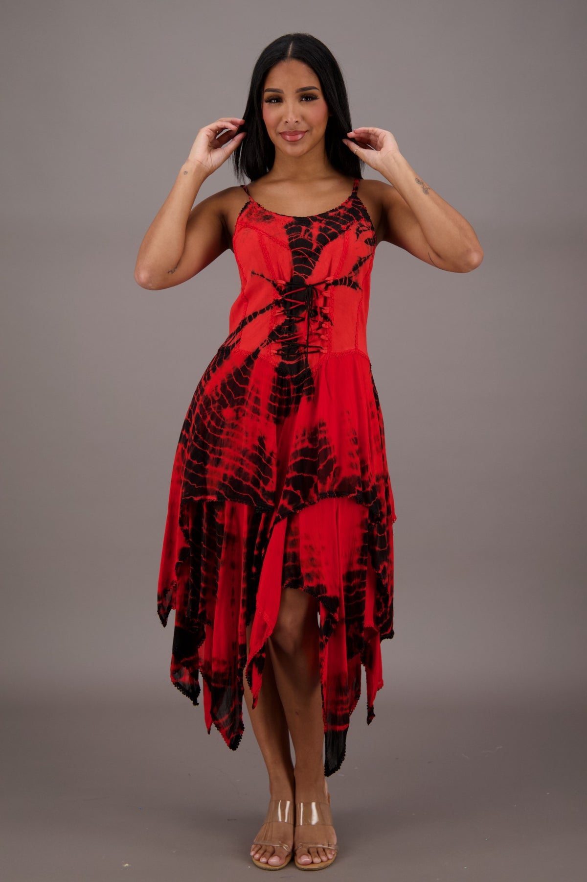 209 Women's Tie-Dye Handkerchief Hem Maxi Dress – Adjustable Strap Summer Dress