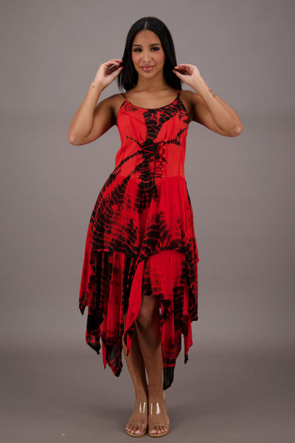 209 Women's Tie-Dye Handkerchief Hem Maxi Dress – Adjustable Strap Summer Dress