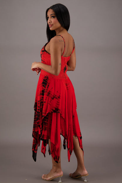 209 Women's Tie-Dye Handkerchief Hem Maxi Dress – Adjustable Strap Summer Dress