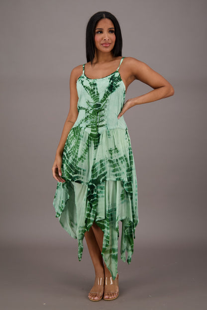 209 Women's Tie-Dye Handkerchief Hem Maxi Dress – Adjustable Strap Summer Dress