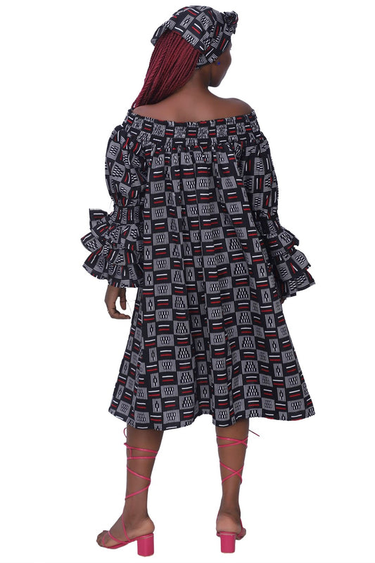 25043-B094 Faux Silk Off-Shoulder Dress with Matching Head Wrap