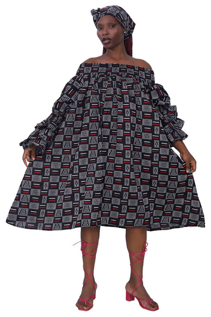 25043-B094 Faux Silk Off-Shoulder Dress with Matching Head Wrap