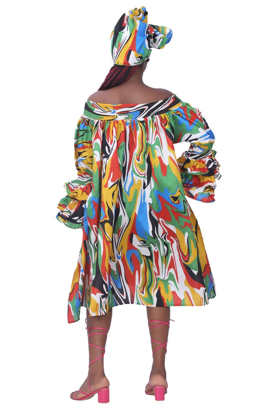 25043-B095 Faux Silk Off-Shoulder Dress with Matching Head Wrap – Multicolor Print
