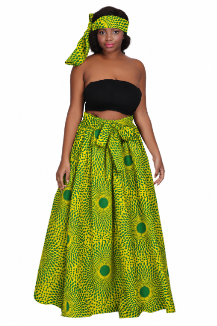 16317-293 100% Cotton African Wax Print Maxi Skirt – Yellow & Green Sunburst Ankara Pattern