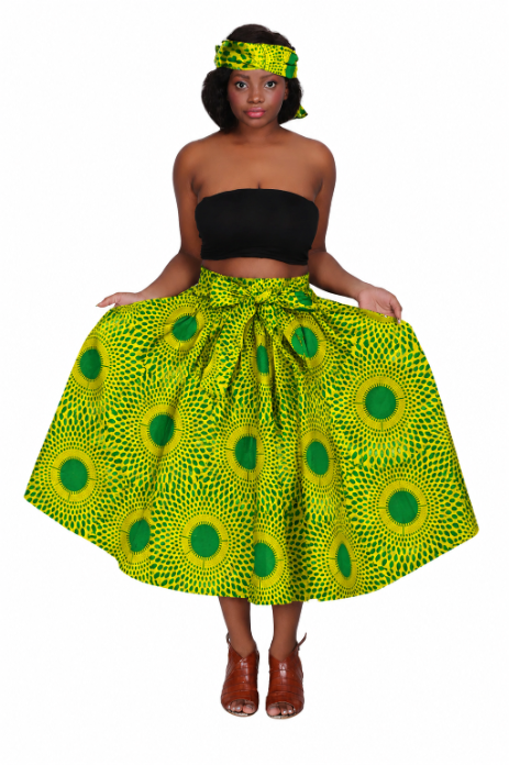 16321-293 100% Cotton African Wax Print Midi Skirt – Yellow & Green Ankara Circle Pattern