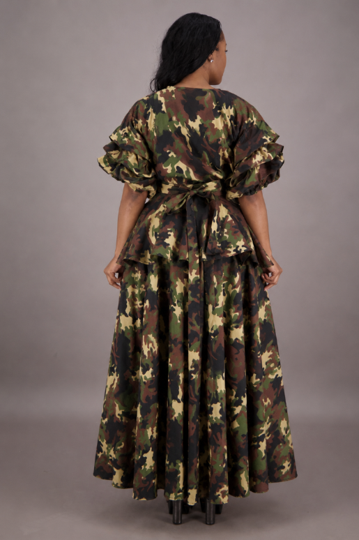 AS-25072-B091 omen's Camouflage Ruffle Sleeve Wrap Top & Maxi Skirt Set