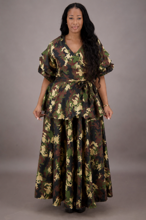 AS-25072-B091 omen's Camouflage Ruffle Sleeve Wrap Top & Maxi Skirt Set