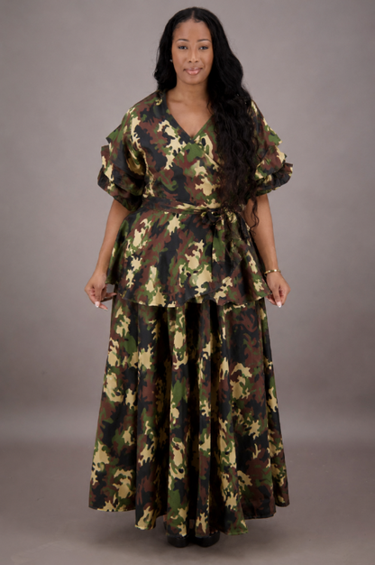 AS-25072-B091 omen's Camouflage Ruffle Sleeve Wrap Top & Maxi Skirt Set