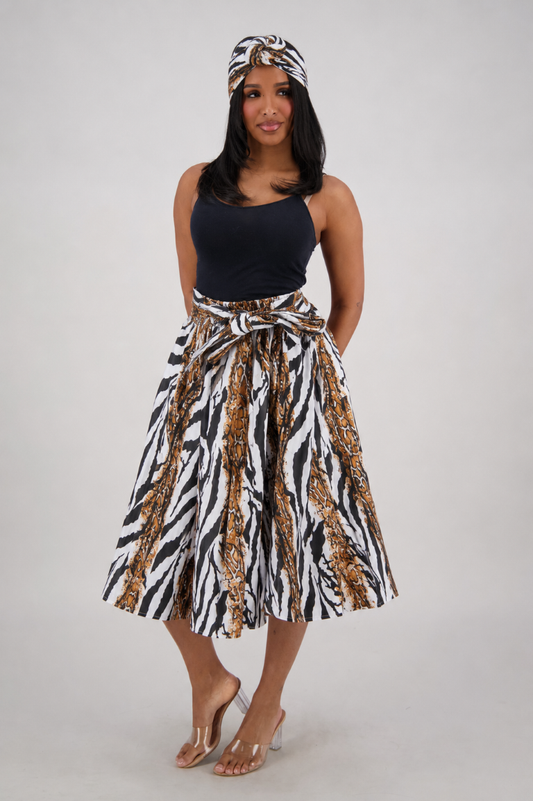 16321-282 Safari Stripe Wax Print Midi Wrap Skirt with Matching Belt – 100% Cotton
