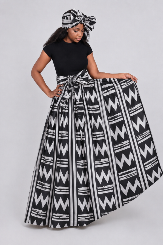 16317-292 Women's 100% Cotton African Wax Print Maxi Skirt with Matching Head Wrap