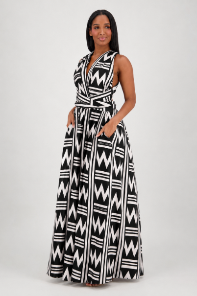 16117-292 Women's Black & White Geometric Print Cotton Maxi Dress – Open Back, Sleeveless