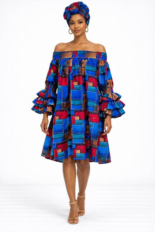 AD-25043-708 Royal Blue Patchwork Off-Shoulder Ruffle Sleeve Dress with Matching Head Wrap