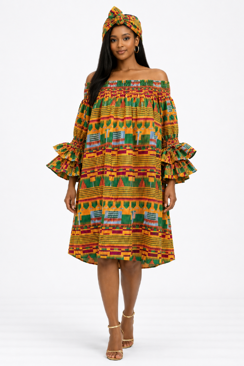 AD-25043-707 Kente Print Off-Shoulder Ruffle Sleeve Dress with Matching Head Wrap