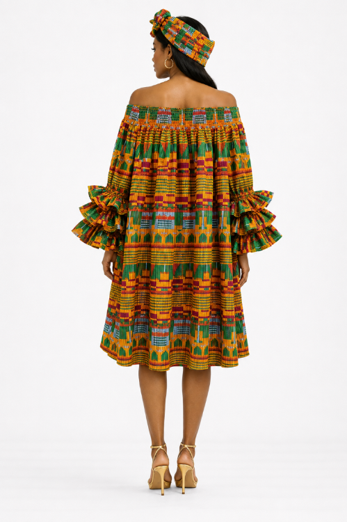 AD-25043-707 Kente Print Off-Shoulder Ruffle Sleeve Dress with Matching Head Wrap