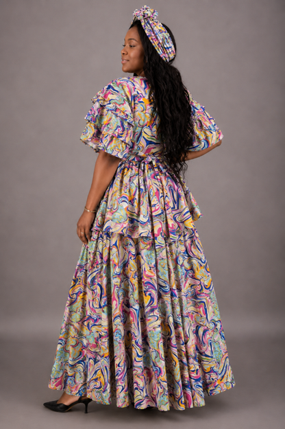 AS-25072-702 Women's Multicolor Swirl Print Ruffle Top & Maxi Skirt Set with Matching Head Wrap
