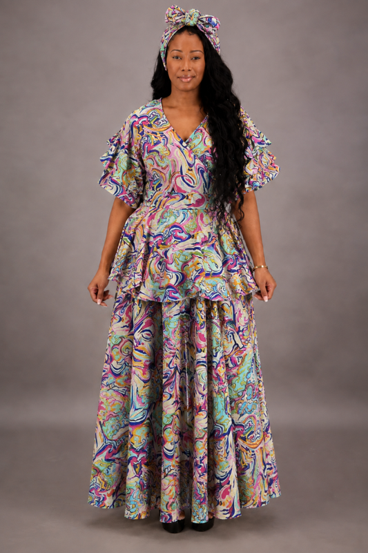 AS-25072-702 Women's Multicolor Swirl Print Ruffle Top & Maxi Skirt Set with Matching Head Wrap