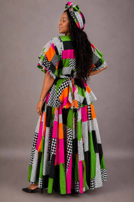 AS-25072-703 Women's Patchwork Print Maxi Skirt Set with Ruffle Top & Matching Head Wrap