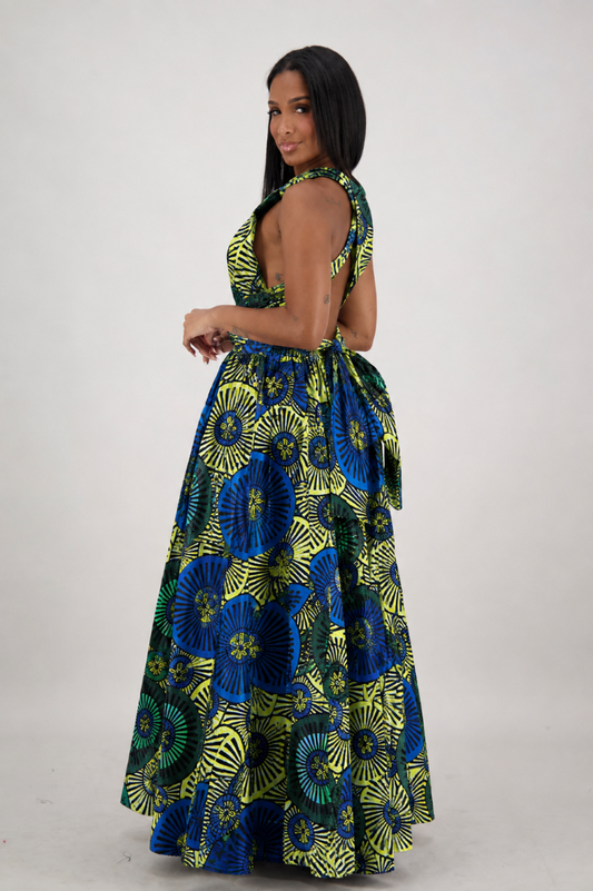 16117-301 Women's 100% Cotton African Wax Print Infinity Maxi Skirt – Multi-Way Convertible Style