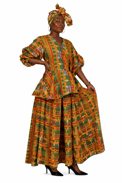 AS-25073-707 African Print Palazzo Pant Set with Peplum Top & Matching Head Wrap