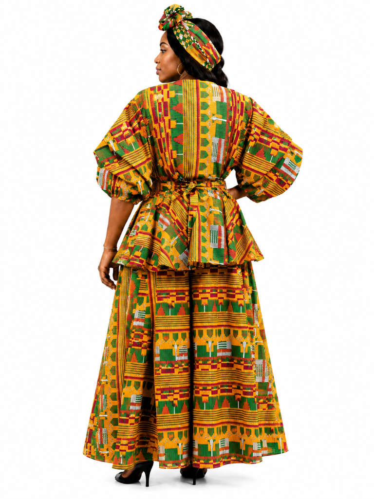 AS-25073-707 African Print Palazzo Pant Set with Peplum Top & Matching Head Wrap