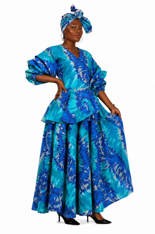 AS-25073-704 African Print Wide-Leg Palazzo Pant Set with Peplum Top & Matching Head Wrap