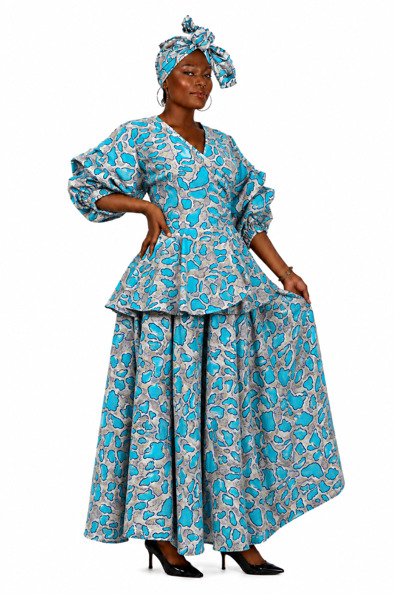 AS-25073-705 African Print 3-Piece Palazzo Pant Set with Peplum Top & Matching Head Wrap