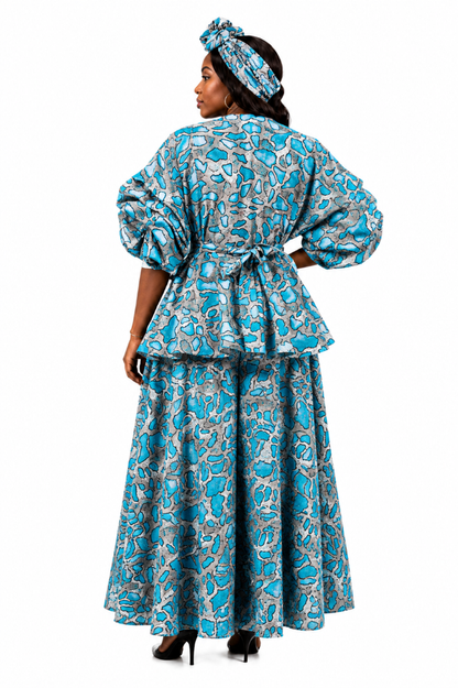 AS-25073-705 African Print 3-Piece Palazzo Pant Set with Peplum Top & Matching Head Wrap