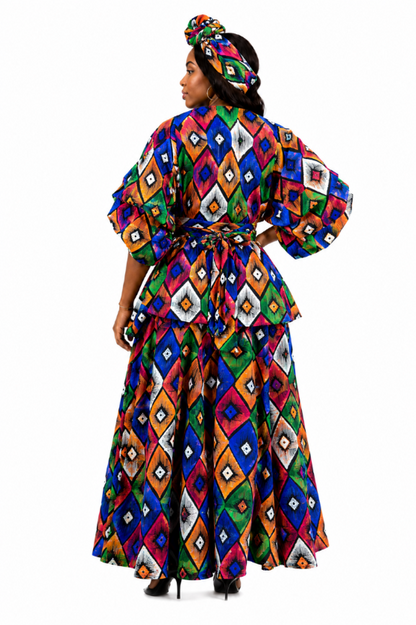 AS-25073-706 African Print Geometric Palazzo Pant Set with Peplum Top & Matching Head Wrap