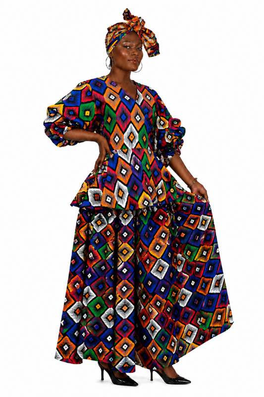AS-25073-706 African Print Geometric Palazzo Pant Set with Peplum Top & Matching Head Wrap