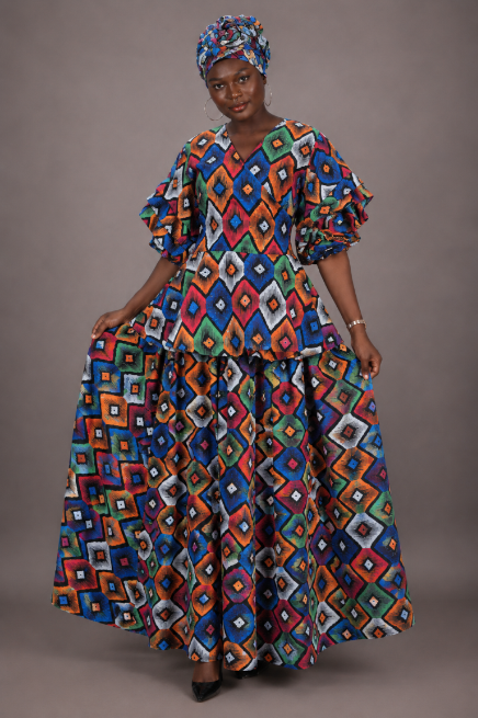 AS-25072-706 African Print Geometric Peplum Top & Maxi Skirt 3-Piece Set with Head Wrap
