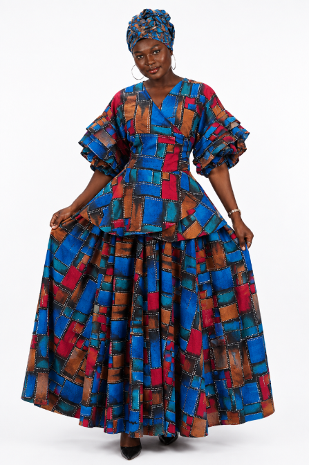 AS-25072-708 African Print Patchwork Peplum Top & Maxi Skirt 3-Piece Set with Head Wrap