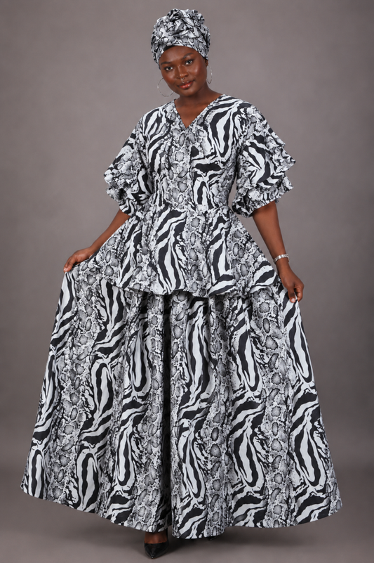 AS-25072-710 Women's Zebra & Snakeskin Print Peplum Maxi Skirt Set with Matching Head Wrap